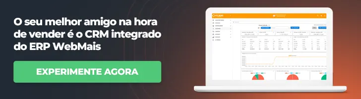 Banner notebook com o sistema ERP WebMais aberto ao lado do texto “O seu melhor amigo na hora de vender é o CRM integrado”