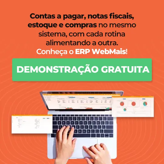 Contas a pagar, notas fiscais, estoque e compras no mesmo sistema, com cada rotina alimentando a outra Contas a pagar, notas fiscais, estoque e compras no mesmo sistema, com cada rotina alimentando a outra. Conheça o ERP WebMais e agende uma demonstração gratuita.