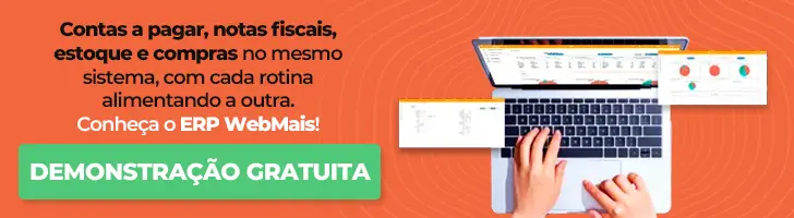 Contas a pagar, notas fiscais, estoque e compras no mesmo sistema, com cada rotina alimentando a outra Contas a pagar, notas fiscais, estoque e compras no mesmo sistema, com cada rotina alimentando a outra. Conheça o ERP WebMais e agende uma demonstração gratuita.
