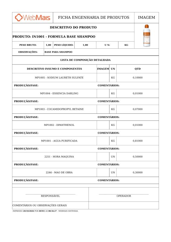 Ficha técnica de produto no ERP WebMais ficha de engenharia de produto do ERP WebMais com fórmula base de shampoo, insumos, hora máquina e mão de obra