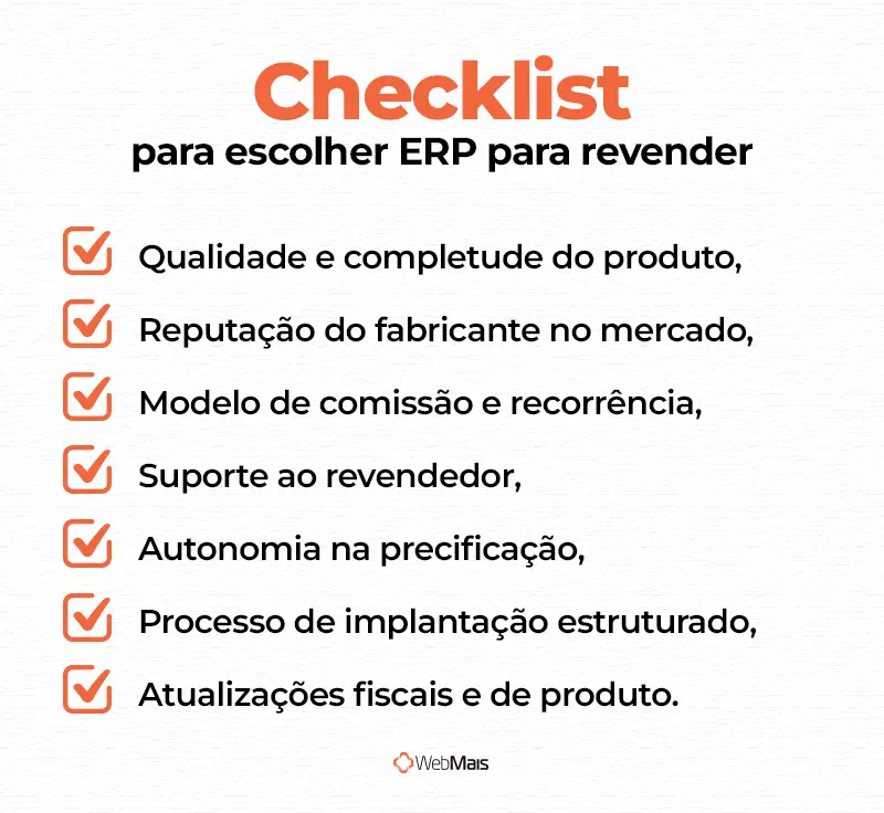 checklist para escolher ERP para revender infográfico com os critérios de avaliação para escolher um ERP para revender