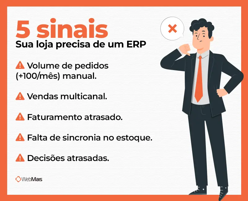 5 sinais de que sua loja precisa de um ERP Checklist com cinco sinais operacionais concretos que indicam que a loja virtual precisa substituir planilhas por um ERP