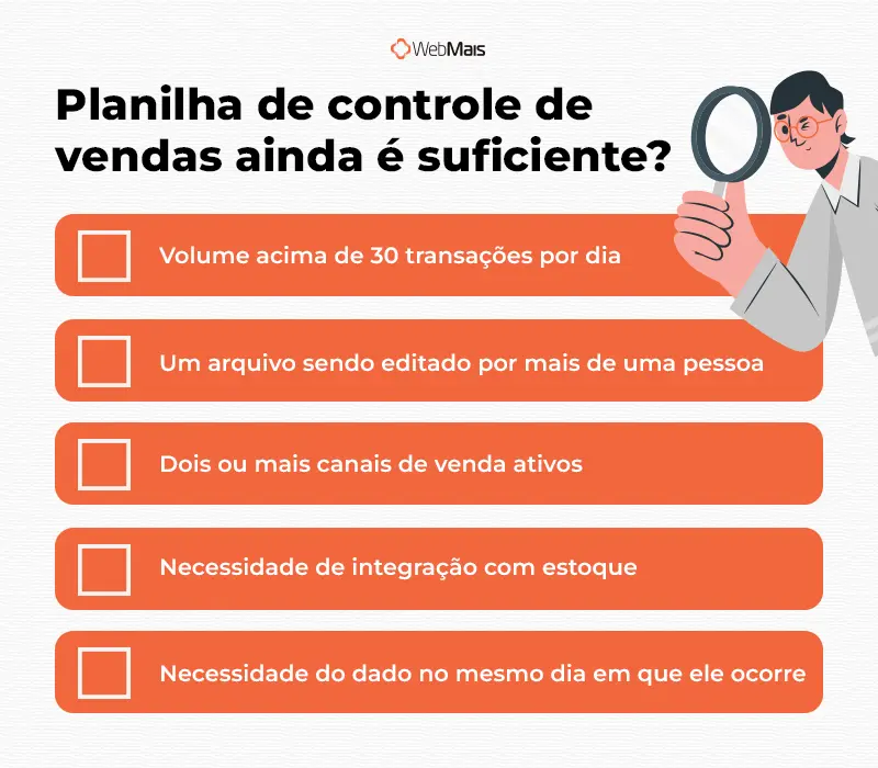 Planilha de controle de vendas ainda é suficiente? checklist visual com os cinco sinais de que a planilha de controle de vendas não está mais dando conta
